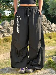 Muchica 女士美式街头字母印花宽松裤 - 黑色 - 查看 1