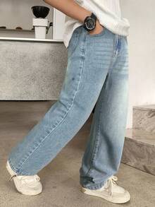 SHEIN Tween Boy Pocketed Wide Leg Loose Casual Versatile Jeans - Light Wash - View 4