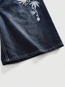 ROMWE MEN Men's Plant Embroidery Pocket Casual Denim Shorts - Dark Wash - View 5