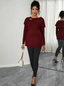 Momance Fitted Maternity Sweater With Rhinestone Button, Ruffle Hem Design, Elegant For Dates, Long Sleeve Pullover - Burgundy - View 5