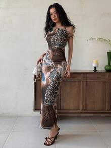 EastFlair 女士豹纹无袖褶皱修身长裙 - 彩色 - 查看 2