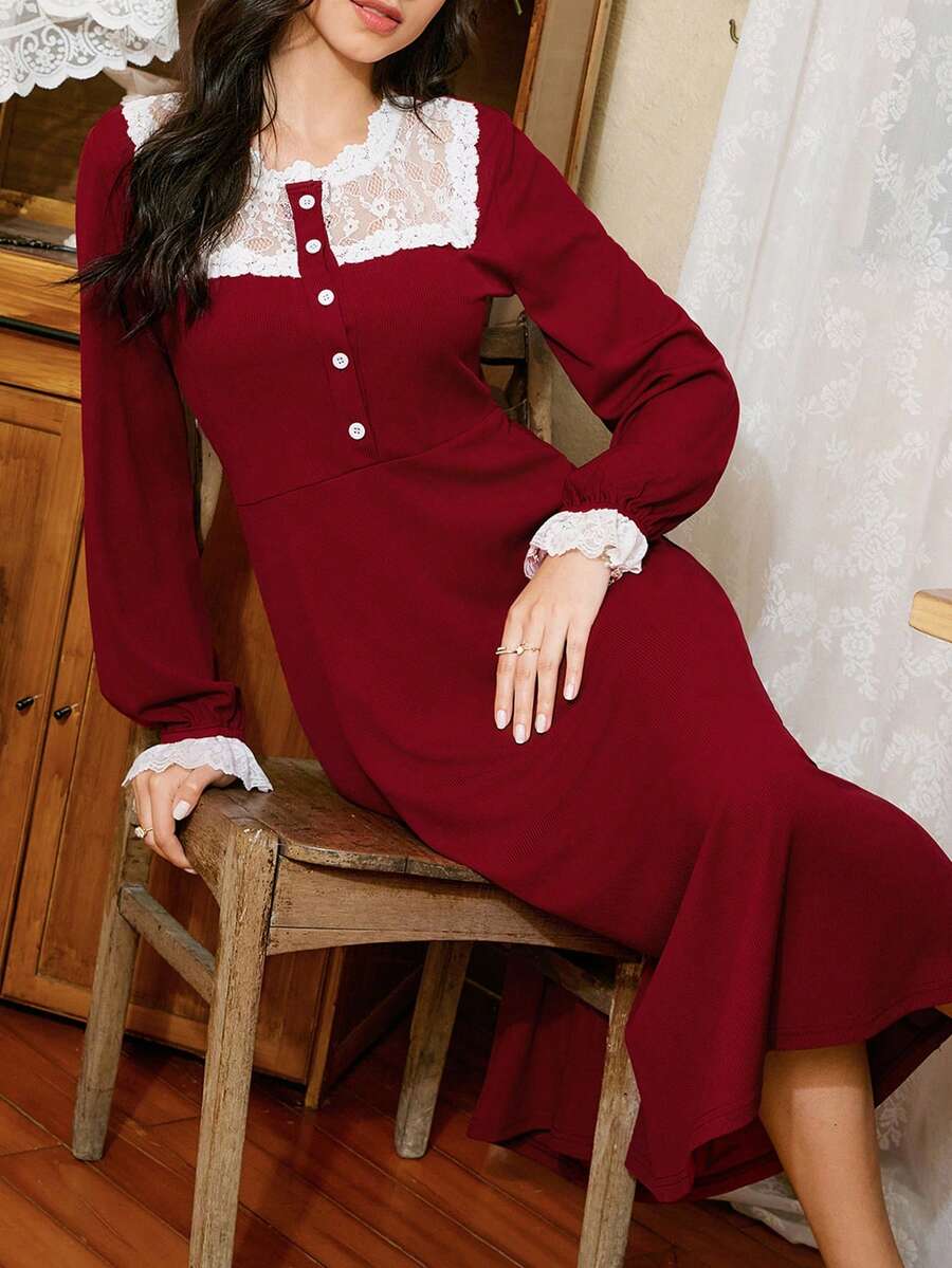 Côtesoire Camisón de mujer elegante francés de punto acanalado con encaje y contraste de color