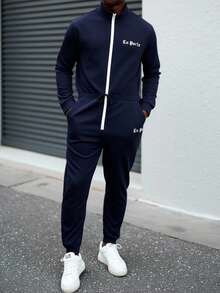 Manfinity Homme Bộ áo liền quần và quần yếm nam, bộ đồ 2 mảnh nam, bộ đồ thể thao nam, bộ đồ chạy bộ nam, bộ đồ nỉ nam, phong cách cổ điển, thích hợp cho sinh hoạt hàng ngày, những chuyến đi cuối tuần, hoạt động ngoài trời, du lịch khám phá, môi trường làm việc thoải mái, quà tặng cho bạn trai/chồng, quà kỷ niệm/sinh nhật, tiệc tùng, kỳ nghỉ hè, lễ hội, năm mới, đám cưới, ngày lễ tình nhân. - Màu xanh hải quân - Xem 5