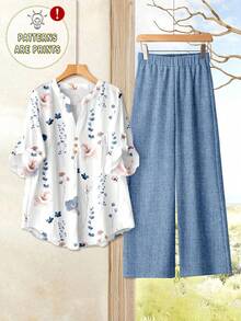 Rusticease 2 件套休闲碎花衬衫和图案裤，大码女士度假风格服装，适合夏季和初秋 - 彩色 - 查看 6