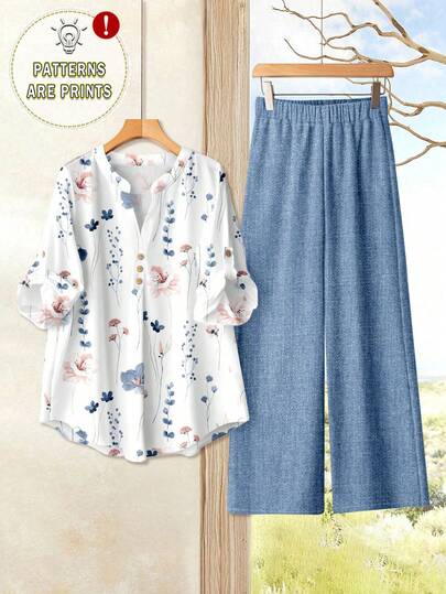 Rusticease 2 st/set avslappnad, prydlig blommig blus och mönstrade byxor, semesterstil för kvinnor i plusstorlek, lämplig för sommar och tidig höst