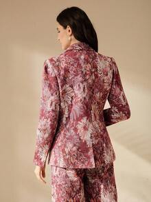 Anewsta 复古优雅随机提花收腰提花度假西装外套，女士秋冬款 - 紅色 - 查看 7