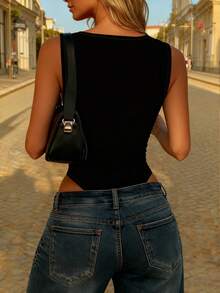 SHEIN Áo liền thân nữ màu trơn tối giản, thích hợp mặc hàng ngày. - màu đen - Xem 2