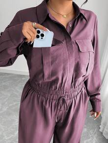 Elenzga Bộ đồ nữ cỡ lớn kiểu Pháp lãng mạn, thanh lịch, thường ngày, màu nâu trơn, áo sơ mi dài tay cổ bẻ cài khuy ẩn, gấu áo chun co giãn + quần cargo cạp chun, thích hợp cho mùa Xuân/Thu/Đông. - Màu đỏ tím - Xem 4