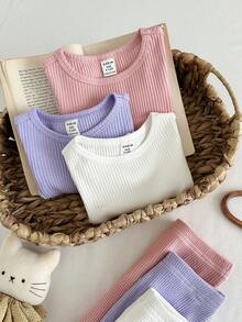 SHEIN LMoss Kids 6件套女婴休闲可爱纯色针织短袖T恤和松紧腰喇叭裤套装 - 彩色 - 查看 4