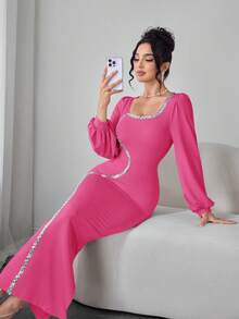 Modelyn 女士方领串珠边饰长袖连衣裙 - 玫紅色 - 查看 7