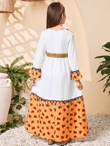 SHEIN Tween Girl Round Neck Patchwork Yellow Chiffon Rose Waist A-Line Dress, Yellow Chiffon Rose Ruffle Sleeve Cuffs, Spring/Summer - Yellow - View 2