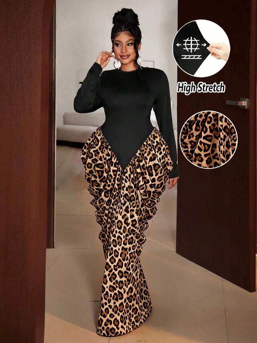 Maweii 大码时尚豹纹拼接圆领长袖弹力连衣裙 - 彩色 - 查看 1