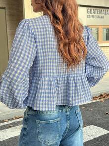 SHEIN EZwear 女士复古时尚黑白格子前襟天鹅绒系带泡泡袖宽松衬衫 - 藍白色 - 查看 2