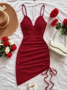 Soleia Women's Red Knitted V-Neck Fishbone Waist Ruched Asymmetric Hem Mini Slip Dress, Vacation - Burgundy - View 6