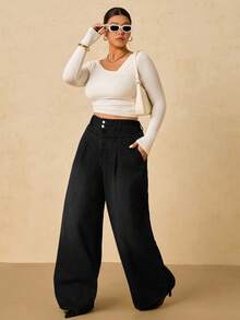 SHEIN Tall CURVE Plus Size Casual Everyday Simple Solid Color Slant Pocket Loose Wide Leg Jeans - Black - View 8
