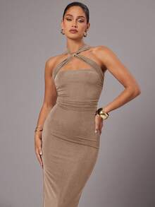 Silquee Women's Sleeveless Solid Color Metal Decor Dress - Brown - View 5