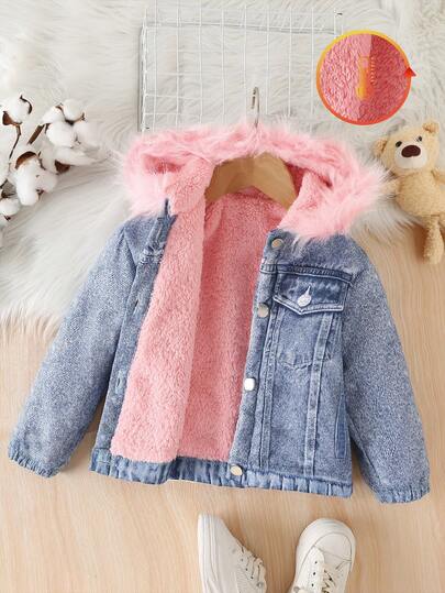 SHEIN Elladie kids 女小童毛茸邊連帽毛絨內襯夾克