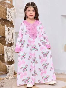 SHEIN Young Girl Pink Bow Tie Dress Ditsy Floral White Autumn Family Matching Elegant Vintage Chiffon Long Sleeve Arabic Abaya Modest Kaftan Kids Jalabiya - Pink - View 6