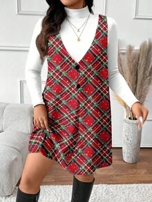 SHEIN Frenchy 优雅豹纹和格子图案加大码女装两件套，适合秋冬季、圣诞节、新年、音乐派对等场合，红白配色，也适合情人节、新年等节日穿着。 - 紅色 - 查看 4