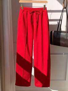 SHEIN EZwear Pebble Seam Detail Straight Leg Sweatpants - Red - View 6