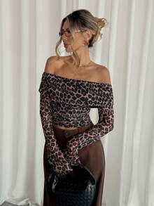 Siren Gaze Women's Fashionable Sexy Off Shoulder Leopard Print Long Sleeve T-Shirt Leopard Top Spring Casual - Multicolor - View 3