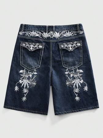 Shorts en jean décontractés pour hommes avec broderie végétale sur la poche