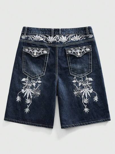 Pantaloncini di jeans casual da uomo con ricamo floreale sulla tasca