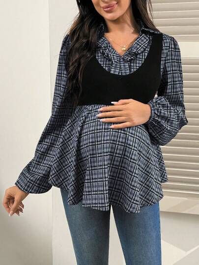 SHEIN 复古格子拼接长袖孕妇上衣，时尚设计，适合春秋季穿着