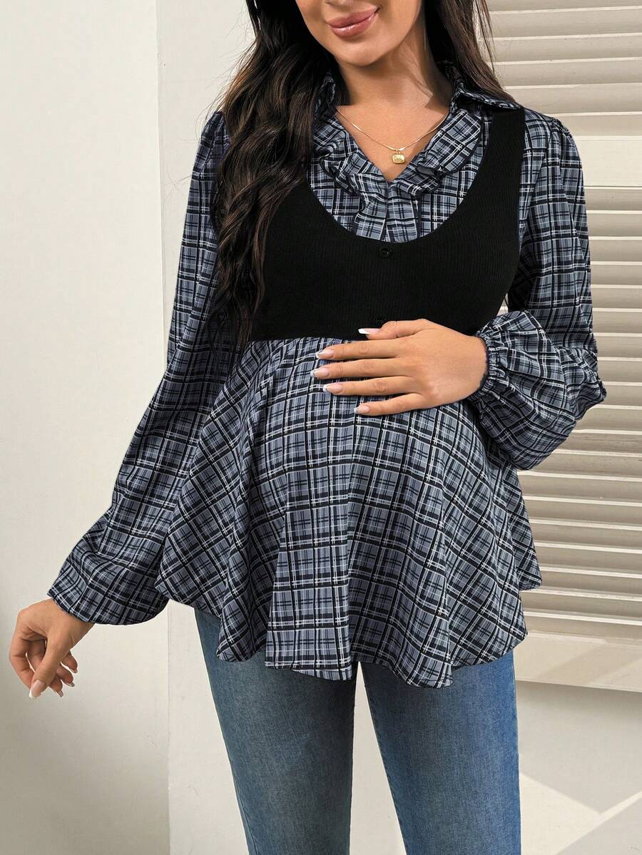 SHEIN Vintage Plaid Patchwork Long Sleeve Maternity Top, Fashionable Design, Suitable For Spring And Autumn Wear - Black - View 1