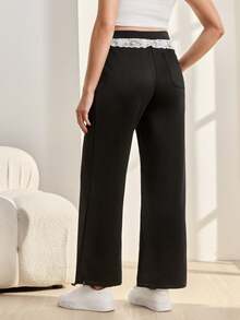SHEIN Loose Fit Solid Color Lace Trim Maternity Sweatpants - Black - View 2