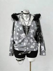 Sunspun Hanorac retro închis la culoare, soft punk, Harajuku, cu imprimeu de craniu, pentru femei, începutul toamnei