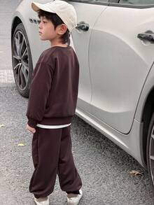 SHEIN Young Boys Casual Round Neck Long Sleeve Embroidered Sweatshirt And Sweatpants Set - Dark Grey - View 2