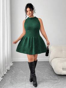 Elenzga Robe sans manches en tricot pour femmes grandes tailles, automne/hiver, avec volant à l'ourlet, robe pull de couleur unie - Vert sapin - Voir 4
