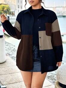 EMERY ROSE Plus Size Women's Fashionable Colorblock Long Sleeve Jacket, Suitable For Outdoor Wear In Autumn/Winter - Coffee Brown - View 7