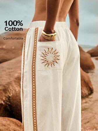 Poéselle Women's Wide Leg Loose Casual Pants With Sun Embroidered Pockets,Vacation Outfits Woman,Beach Vacation,Embroidered Pants,Summer Outfits For Women Vacation Outfits Women Resort Wear