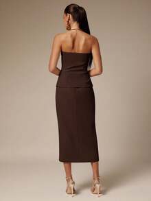 Silquee 女士时尚纯色抹胸西装外套和开衩半裙套装 - 咖啡棕 - 查看 2