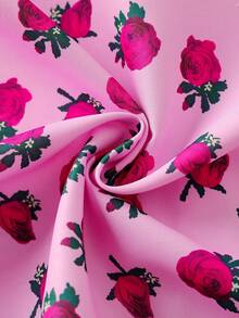 SHEIN Vestido de manga larga con cuello en V y estampado de rosas rosadas en todo el vestido, estilo dulce de vacaciones, para primavera/otoño - Multicolor - Ver 11