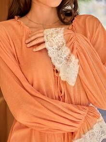 Lullawish Bohemian Lace Trim Women Pajama Set Women Lounge Wear Sets Orange Pj Set Orange Pajama Set Women Pajamas Set Two Piece Pant Sets In Women - Orange - View 7