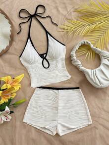 Soleia 女式性感撞色露背吊带上衣和短裤两件套，夏季 - 白色 - 查看 1
