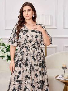 Modelyn Đầm chữ A thanh lịch in họa tiết dành cho phụ nữ cỡ lớn, thắt eo. - màu đen - Xem 7