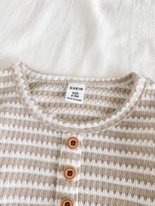 SHEIN Vintaside Kids 2件套女婴休闲简约条纹面料圆领短袖上衣和条纹裤套装，适合日常穿着，春夏款 - 彩色 - 查看 6