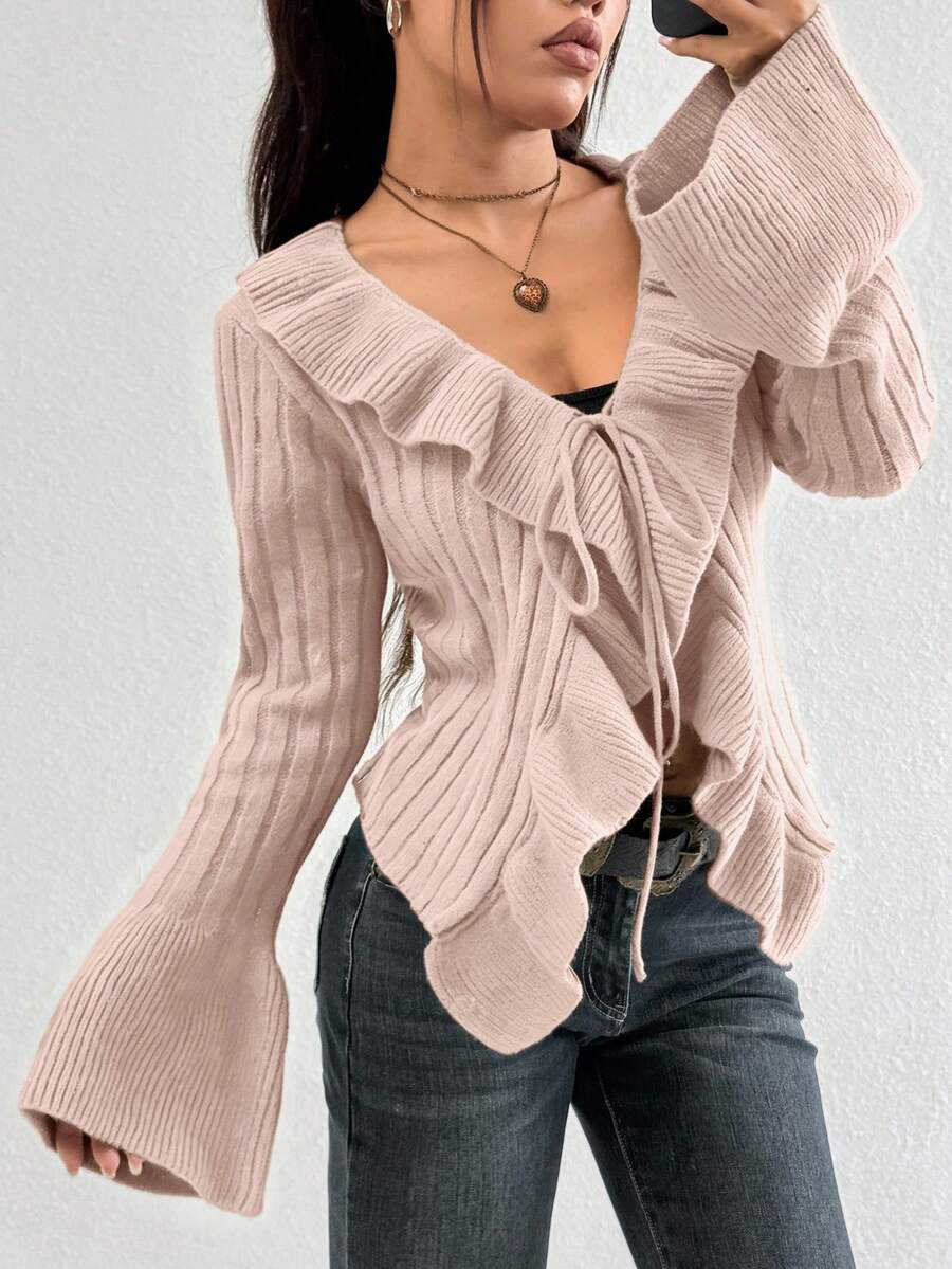 SHEIN Unity 女士休闲V领长袖开衫,荷叶边下摆和打结细节 - 粉色 - 查看 1
