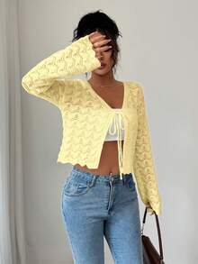 Flora Isola Flora Isola 女士优雅系带镂空纯色开衫 - 黃色 - 查看 5