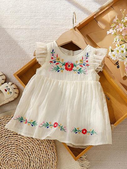 Vintaside Kids Baby Girls Casual Floral Embroidery Dress, Summer Baby Girl Sleeveless Floral Print Casual Dress Baby Flower Dress Summer Elegant Baby Dress Baby Vintage Dress Baby Girl Romper