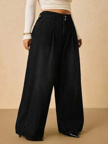 SHEIN Tall CURVE Plus Size Casual Everyday Simple Solid Color Slant Pocket Loose Wide Leg Jeans - Black - View 4