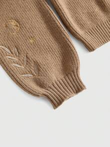 ROMWE Hippie SpringRetro Boho Vacation Vibe Moon & Star Embroidery Blue-Green Pullover Sweater - Coffee Brown - View 3