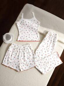 SHEIN 3pcs Tween Girls Casual Knit Loungewear Set - Ditsy Floral Camisole, Long Pants, And Shorts - White - View 3