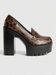 Sugerpunk 女士豹纹厚底搭扣高跟鞋，适合派对场合 - 棕色 - 查看 1