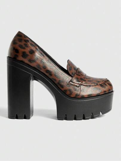 Sugerpunk Women's Leopard Print Thick Sole Buckle Design High Heel Shoes, Suitable For Party Occasions