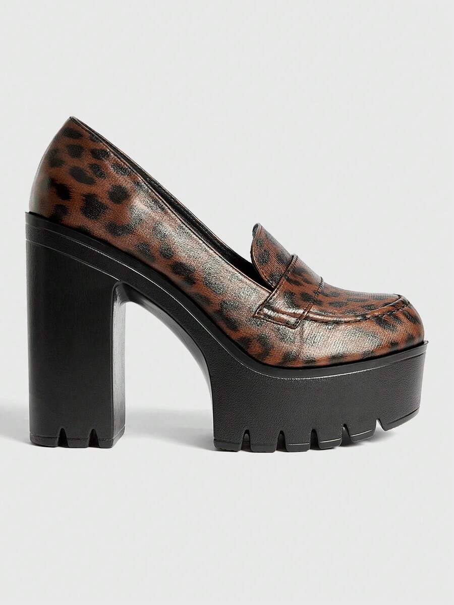 Sugerpunk 女士豹纹厚底搭扣高跟鞋，适合派对场合 - 棕色 - 查看 1